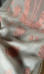 Load image into Gallery viewer, Rose Women's Lakhnavi Handcrafted Pure Organza Chikankari Unstitched Kurta And Dupatta Set - HONC030677