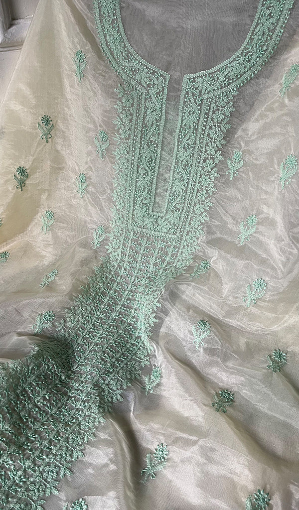 Lakhnavi 手工制作的欧根纱 Chikankari 未缝合 Kurti 面料 - Honc0133587