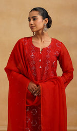 Load image into Gallery viewer, Women's Lucknowi Handcrafted Pure Organza Silk Stitched Chikankari Kurta, Dupatta With Pant Set- HONC0561978