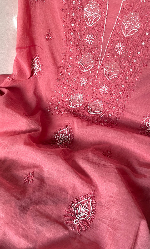 Women's Lakhnavi Handcrafted Mul Chanderi Unstitched Chikankari Full Suit Material - HONC0314654