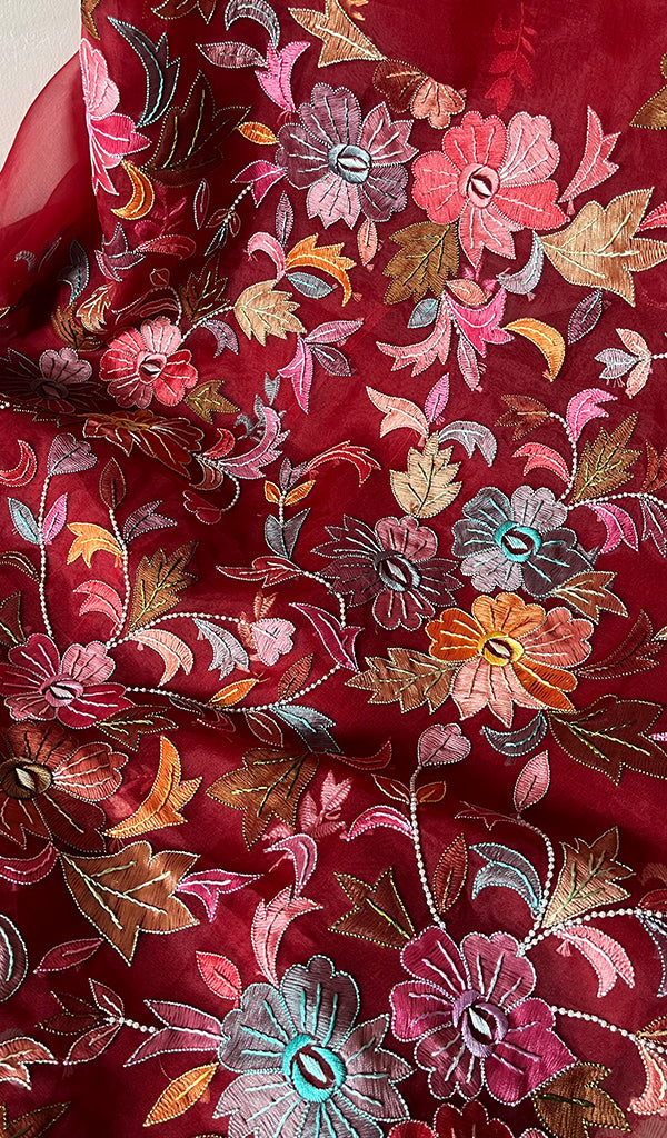 Women's Lakhnavi Handcrafted Pure Organza Chikankari Unstitched Kurta And Dupatta Set- HONC0267236