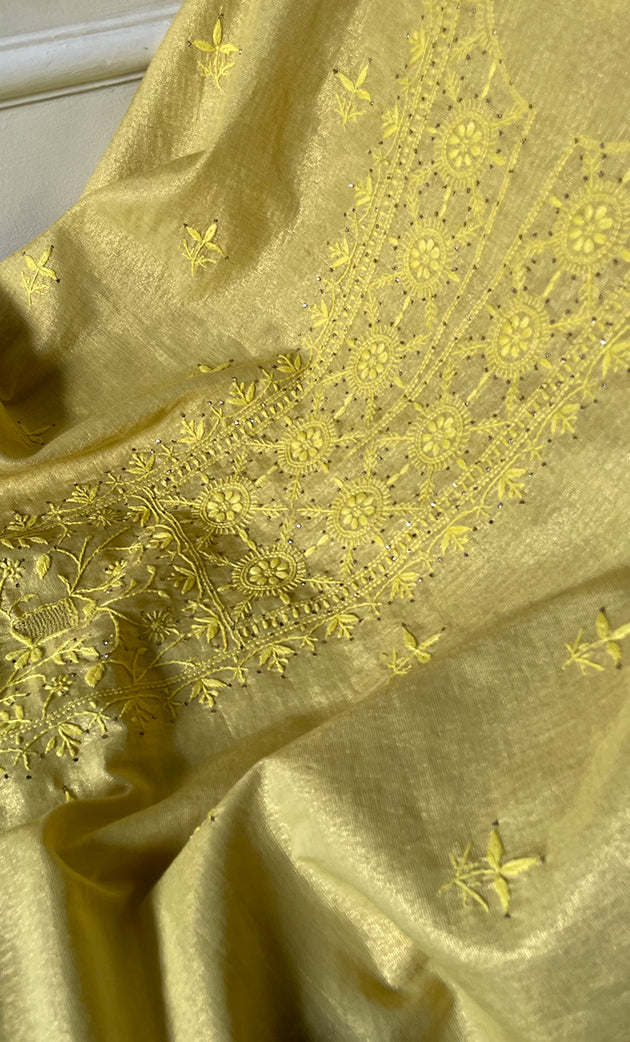 Women's Lakhnavi Handcrafted Tissue Chanderi Unstitched Chikankari Kurta And Dupatta Set - HONC0248436