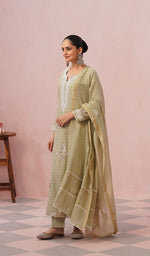 Load image into Gallery viewer, Women's Lakhnavi Handcrafted Mul Chanderi Chikankari Stitched Kurta, Dupatta And Pant Set - HONC0555586