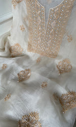 Load image into Gallery viewer, Women's Lakhnavi Handcrafted Pure Organza Chikankari Unstitched Kurta And Dupatta Set- HONC0308250