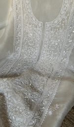 将图像加载到图库查看器中, Women's Lakhnavi Handcrafted Organza Chikankari Unstitched Kurti Fabric - HONC0288684