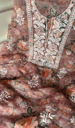 将图像加载到图库查看器中, Women's Lakhnavi Handcrafted Organza Chikankari Unstitched Kurta And Dupatta Set - HONC0268888