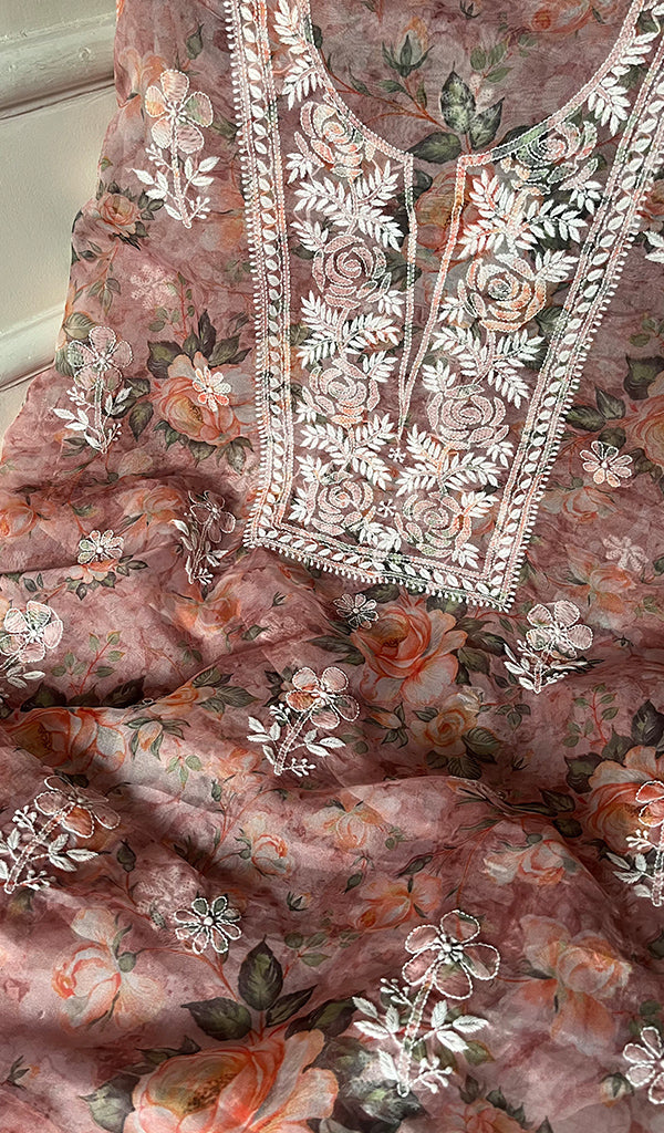 Women's Lakhnavi Handcrafted Organza Chikankari Unstitched Kurta And Dupatta Set - HONC0268888