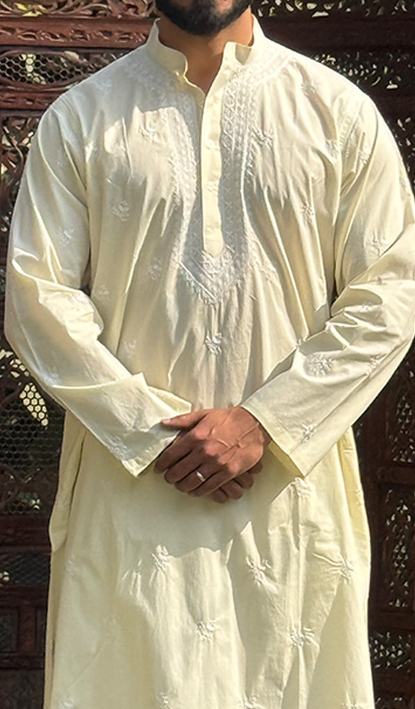 Men's Lucknowi Handcrafted Cotton Chikankari Kurta - HONC0115507