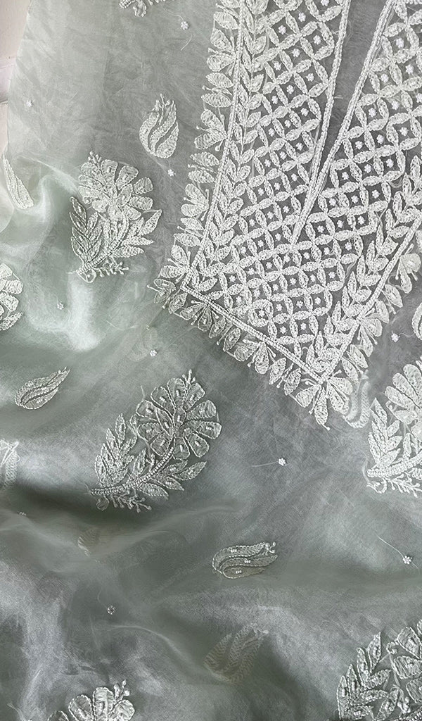 Women's Lakhnavi Handcrafted Organza Chikankari Unstitched Full Suit Material - HONC0271210