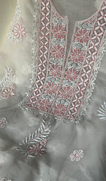 Load image into Gallery viewer, Women's Lakhnavi Handcrafted Organza Chikankari Unstitched Kurta And Dupatta Set- HONC0249879