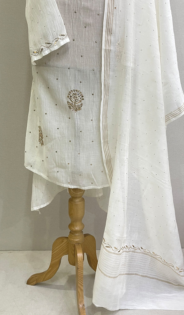 Women's Lakhnavi Handcrafted Chanderi Silk Semi - Stitched  Chikankari Kurta Dupatta Set -  HONC0203330