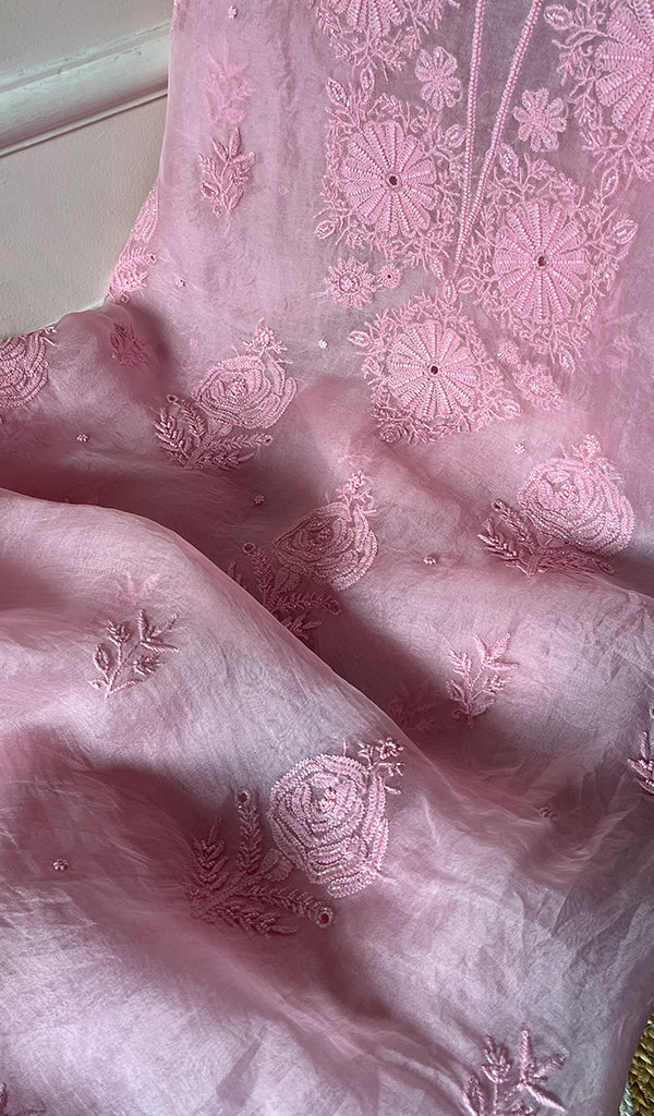 Women's Lakhnavi Handcrafted Pure Organza Chikankari Unstitched Kurta And Dupatta Set- HONC0269561