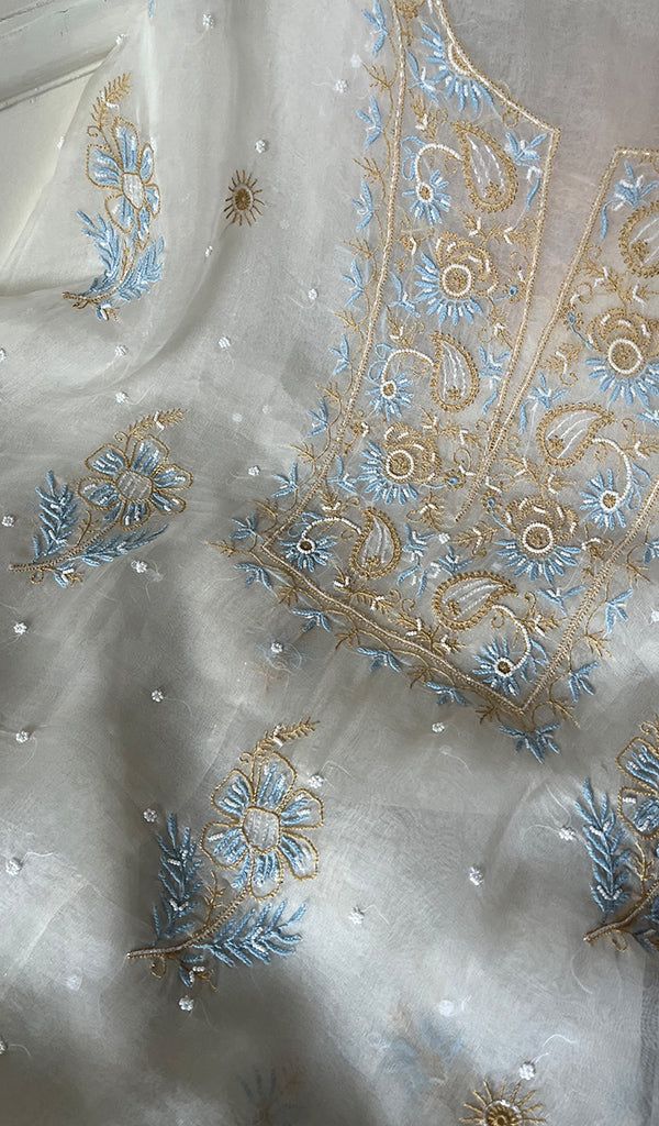 Women's Lakhnavi Handcrafted Pure Organza Chikankari Unstitched Kurta And Dupatta Set- HONC0283105