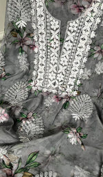 将图像加载到图库查看器中, Women's Lakhnavi Handcrafted Organza Chikankari Unstitched Kurti Fabric - HONC0165688