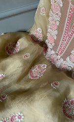 Load image into Gallery viewer, Rose Women's Lakhnavi Handcrafted Pure Organza Chikankari Unstitched Kurta And Dupatta Set- HONC0310180