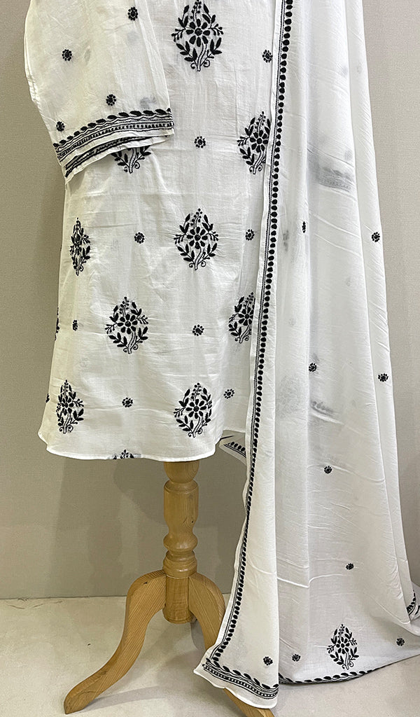 Women's Lakhnavi Handcrafted Mul Cotton Semi Stitched Kurta And Dupatta Set- HONC0208218