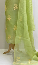 Load image into Gallery viewer, Green Women's Lakhnavi Handcrafted Pure Organza Chikankari Unstitched Kurta And Dupatta Set