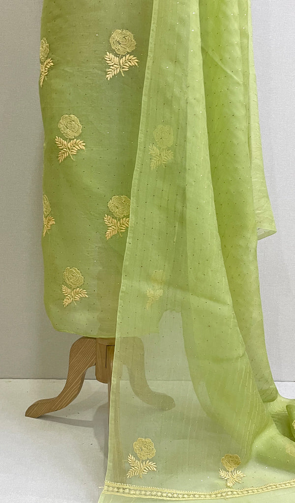 Green Women's Lakhnavi Handcrafted Pure Organza Chikankari Unstitched Kurta And Dupatta Set