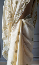 Load image into Gallery viewer, Women's Lakhnavi Handcrafted Tussar Silk Chikankari Saree - HONC0258441