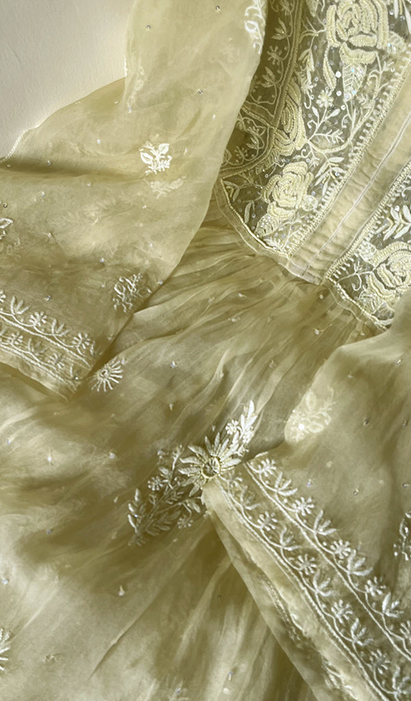 Women's Lakhnavi Handcrafted Pure Organza Chikankari Semi - Stitched Kurta And Dupatta Set- HONC0207085