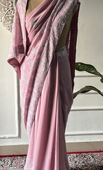 将图像加载到图库查看器中, Women's Lakhnavi Handcrafted Pure Silk Georgette Chikankari Saree - HONC0330945