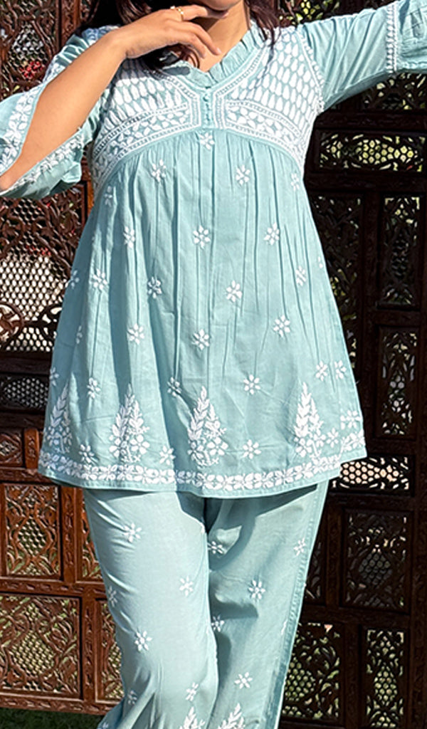 Rania Women's Lakhnavi Handcrafted Cotton Chikankari Short Kurta And Afghani pant Set - HONC0268683