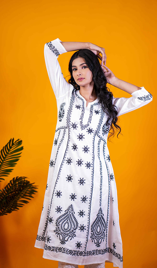 Divya Women's Lucknowi Handcrafted Cotton Chikankari Dress - HONC0213387