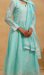 Load image into Gallery viewer, Women's Lakhnavi Handcrafted Mul Chanderi Chikankari Stitched Kurta, Dupatta And Pant Set - HONC0824547