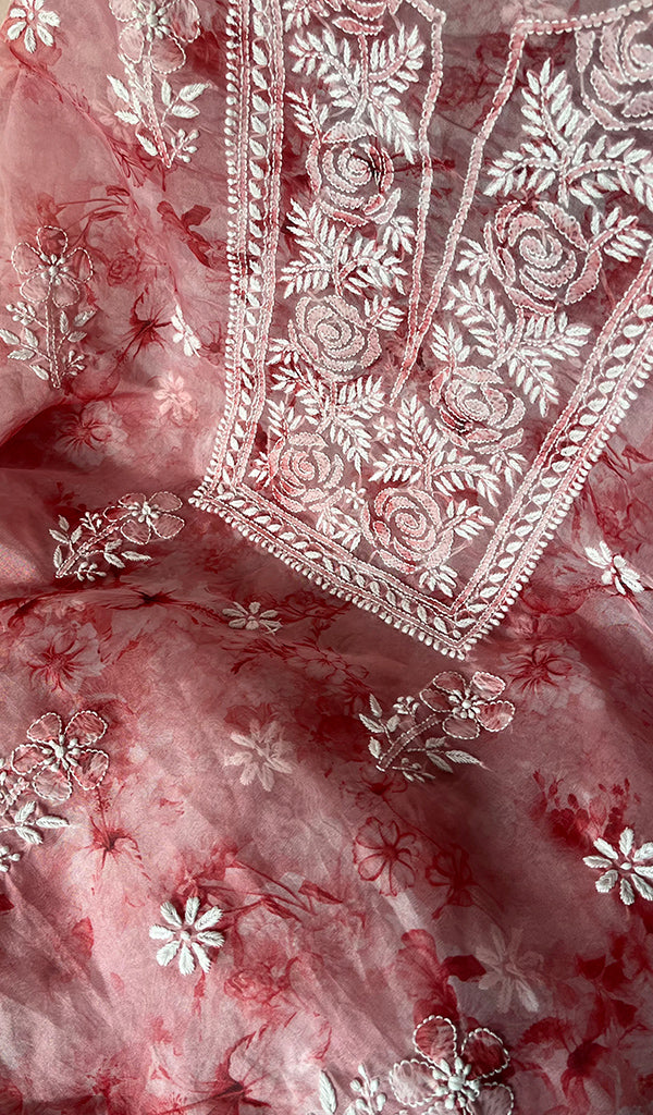 Women's Lakhnavi Handcrafted Organza Chikankari Unstitched Kurta And Dupatta Set - HONC0268883