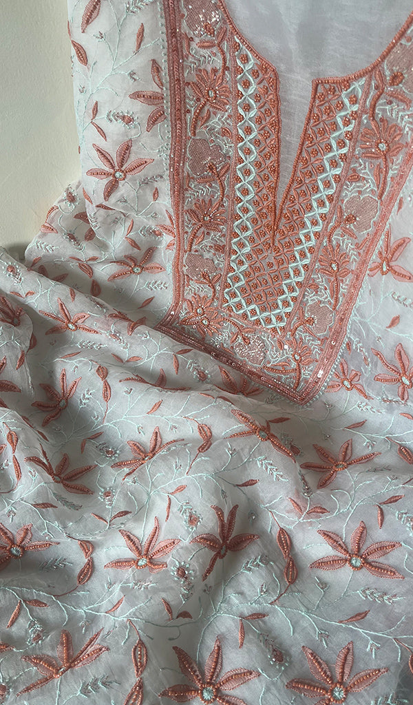 Women's Lakhnavi Handcrafted Pure Organza Chikankari Unstitched Kurta And Dupatta Set- HONC0270067