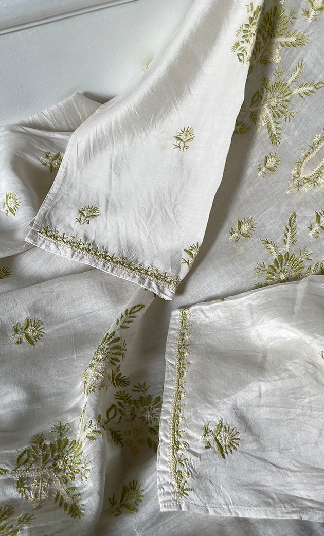 Women's Lakhnavi Handcrafted Chanderi Silki Semi - Stitched Kurta And Dupatta Set - HONC0314232