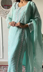 Load image into Gallery viewer, Women's Lakhnavi Handcrafted Mul Chanderi Chikankari Stitched Kurta, Dupatta And Pant Set - HONC0322167