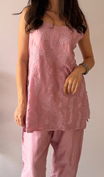 将图像加载到图库查看器中, Amreena Women's Lakhnavi Handcrafted Chanderi Silk Chikankari Top And Pant Set - HONC0373522