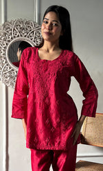 Load image into Gallery viewer, Imara Women's Lakhnavi Handcrafted Chanderi Silk Chikankari Top And Pant Set - HONC0340435
