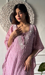 Load image into Gallery viewer, Rabia Women's Lucknowi Handcrafted Mul chanderi Chikankari Kaftan - HONC0326232