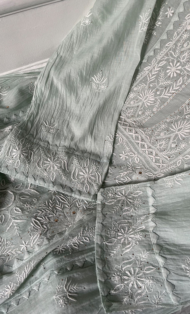 Women's Lakhnavi Handcrafted Mul Chanderi Semi - Stitched Kurta And Dupatta Set - HONC0305164