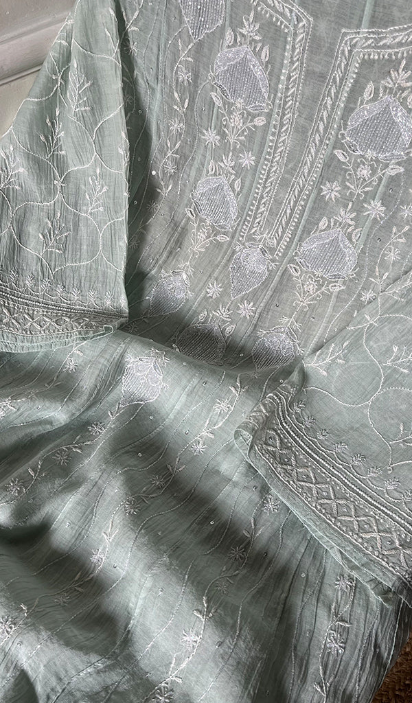 Laiba Women's Lakhnavi Handcrafted Mul Chanderi Semi - Stitched Anarkali And Dupatta Set - HONC0288583