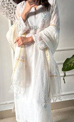 Load image into Gallery viewer, Women's Lakhnavi Handcrafted Mul Chanderi Chikankari Stitched Kurta, Dupatta And Pant Set - HONC0300859