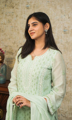 将图像加载到图库查看器中, Women's Lakhnavi Handcrafted Mul Chanderi Chikankari Stitched Kurta, Dupatta And Pant Set - HONC0321289