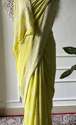 Load image into Gallery viewer, Women's Lakhnavi Handcrafted Pure Silk Georgette Chikankari Saree - HONC0269084