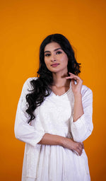 将图像加载到图库查看器中, Women's Lakhnavi Handcrafted Slub Cotton Chikankari Angrakha - HONC0119056