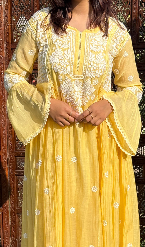 Fariah Women's Lucknowi Handcrafted Mul Chanderi Chikankari Kurti - HONC0264995