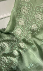 将图像加载到图库查看器中, Mainaaj Women's Lakhnavi Handcrafted Pure Organza Chikankari Unstitched Kurta And Dupatta Set - HONC0330934