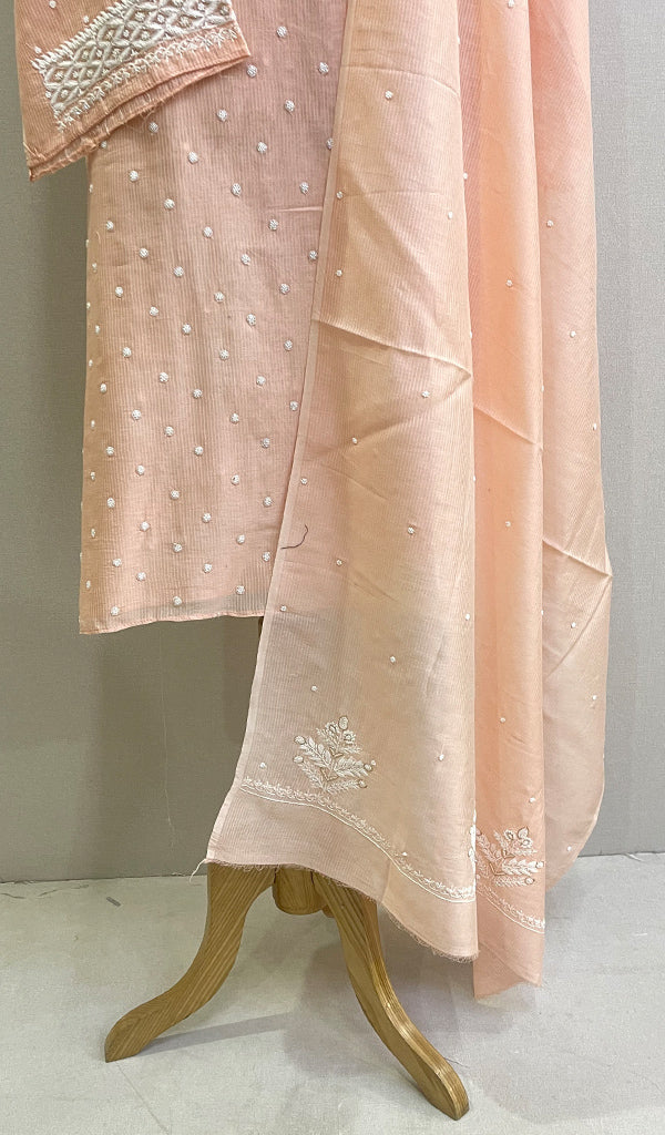 Women's Lakhnavi Handcrafted Mul Chanderi Semi - Stitched Kurta And Dupatta Set- HONC0186849