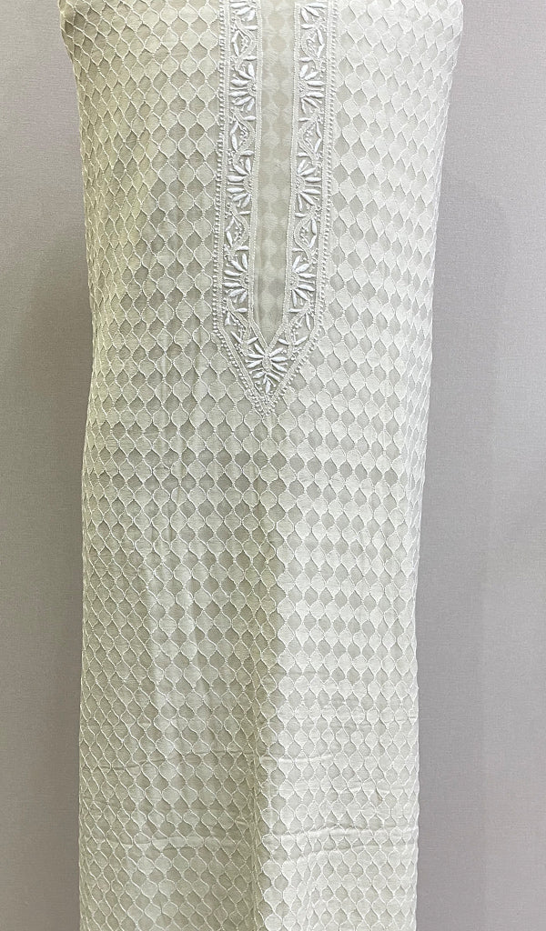 Lucknowi Handcrafted Pure Georgette Chikankari Unstitched Men's Kurta Fabric - HONC0128765