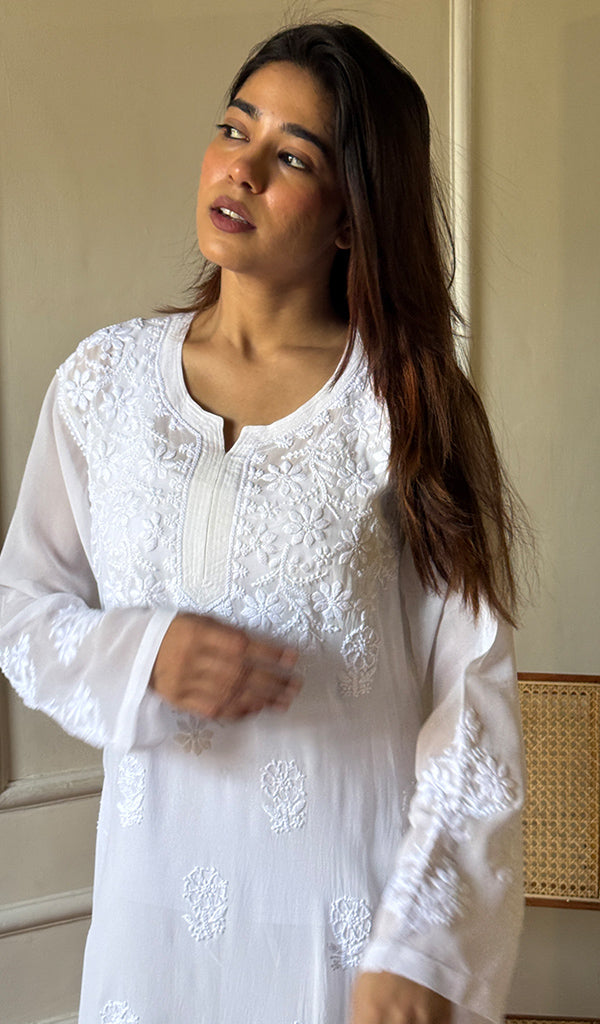 Women's Lakhnavi Handcrafted Viscose Georgette Chikankari Kurti - HONC0115981