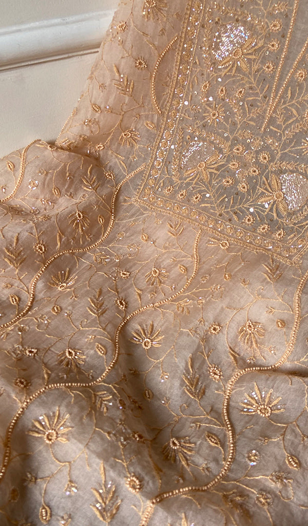 Women's Lakhnavi Handcrafted Pure Organza Chikankari Unstitched Kurta And Dupatta Set- HONC0263885