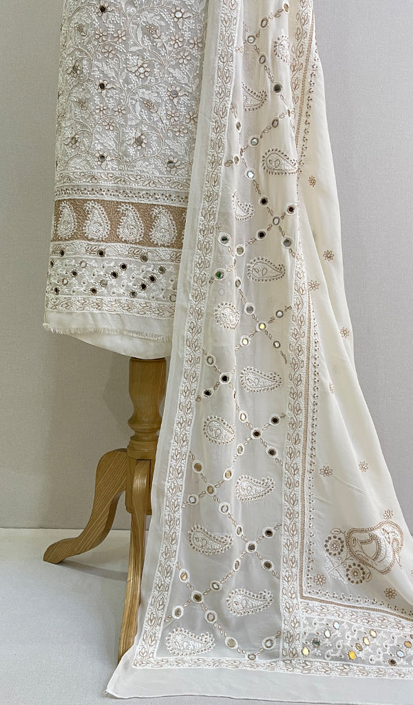 Women's Lakhnavi Handcrafted Pure Silk Georgette Chikankari Kurta And Dupatta Set- HONC083332