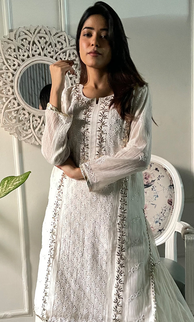 Women's Lakhnavi Handcrafted Mul Chanderi Semi - Stitched Angrakha And Dupatta Set - HONC0303211