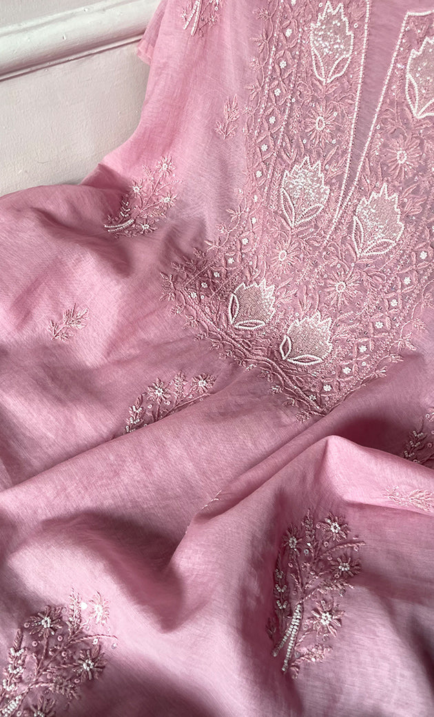 Women's Lakhnavi Handcrafted Mul Chanderi Unstitched Chikankari Full Suit Material - HONC0314659